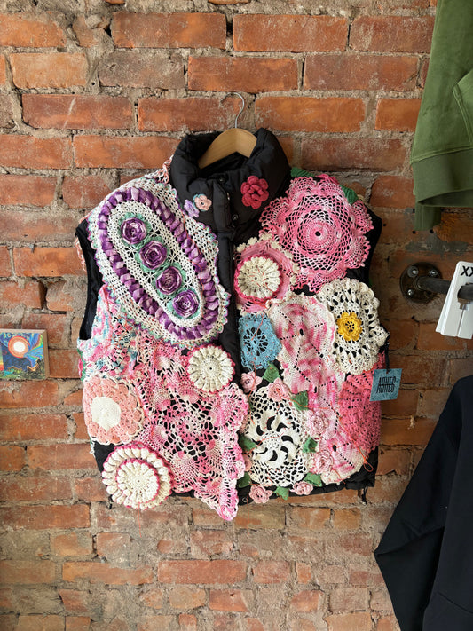 ASHES, Puffer Doily Vest , One of a Kind , Fits up to XL