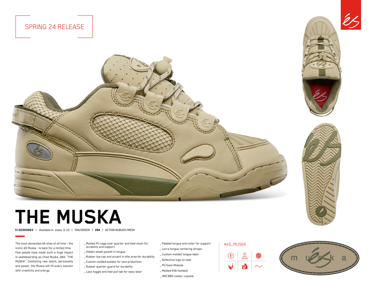 SIZE 7 ES Shoes The Muska. Tan Green The Local Skate Shop