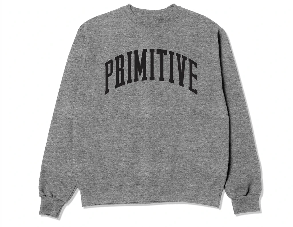 Primitive Crewneck Collegiate Arch. Heather Grey. The Local Skate Shop