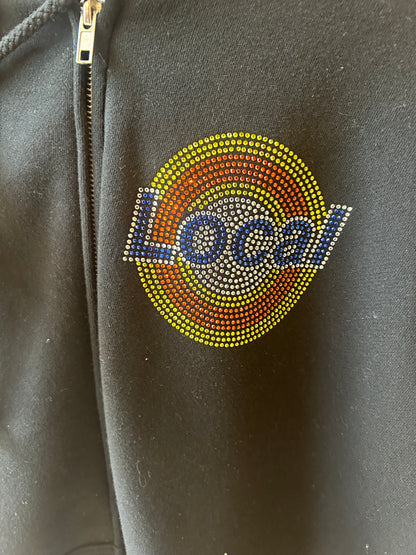 The Local- Zip Up Hoodie, Rhinestone Tide. Black