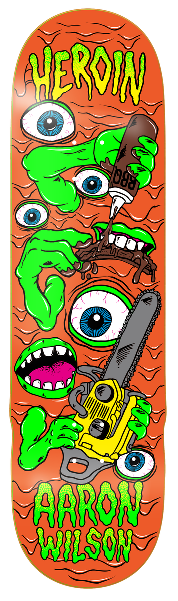 Skateboard deck with colorful design and text on an orange background