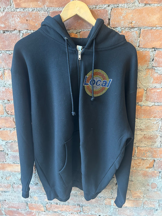 The Local- Zip Up Hoodie, Rhinestone Tide. Black