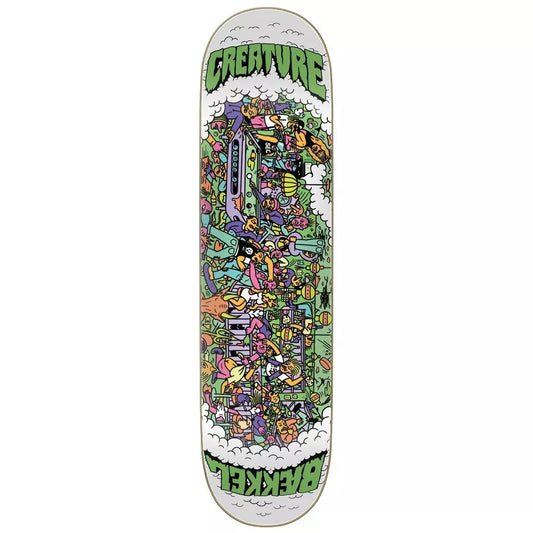 A colorful skateboard deck featuring a detailed illustration of a bar scene with people and wildlife. The deck has 'CREATURE' branding and the name 'BAEKKEL' along with the measurement '8"'.