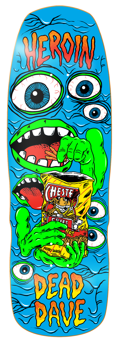 Colorful skateboard deck with 'Heroin' and 'Dead Dave' text, featuring a cartoonish face and a can of 'Chestie' on a blue background.