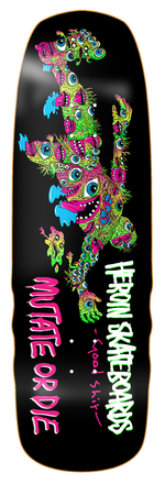 Colorful skateboard deck with a dragon design on a black background, featuring the brand 'Heroin Skateboards'.
