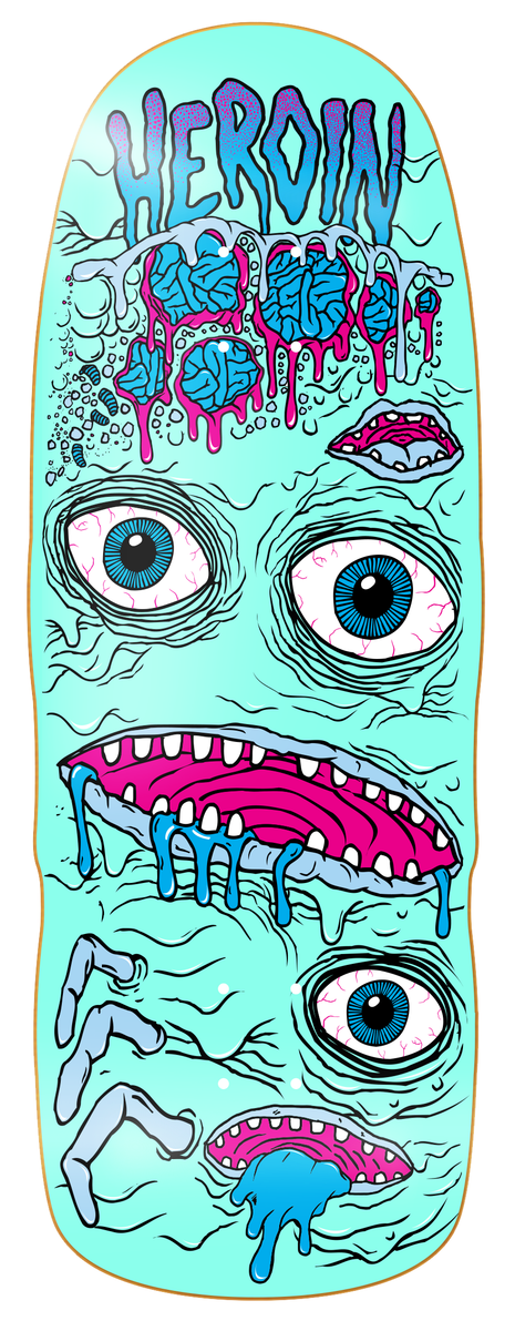 Skateboard deck with a colorful and abstract design featuring eyes, mouth, and text.