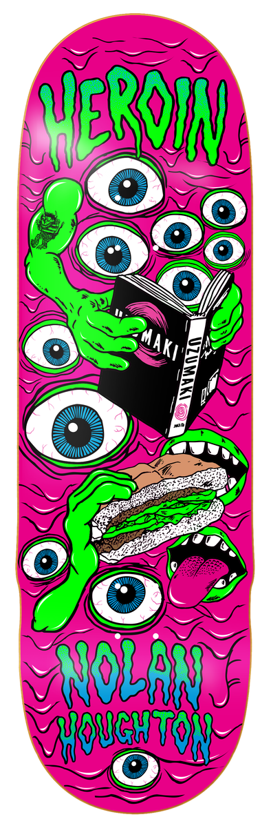 Colorful skateboard deck with eyes and text on a pink background