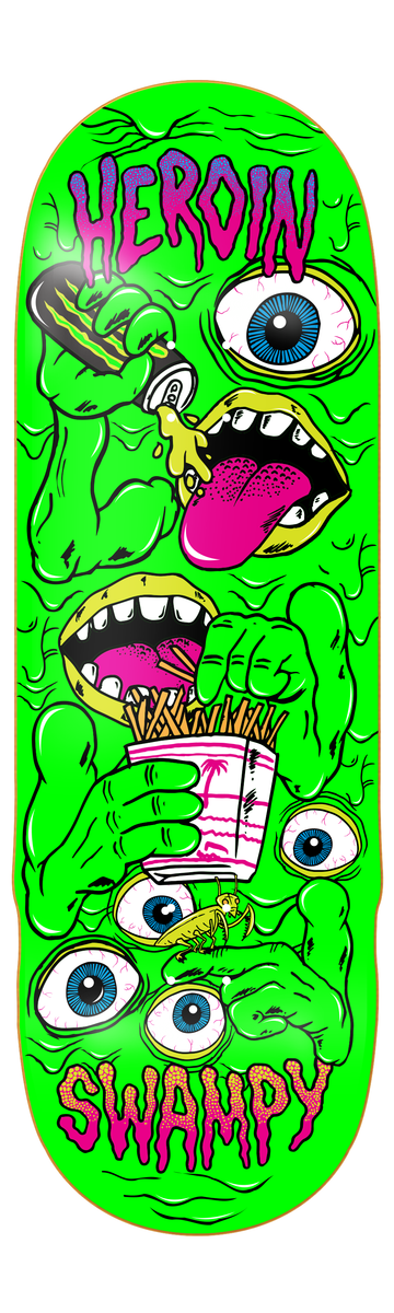 Skateboard deck with colorful design and text on a green background