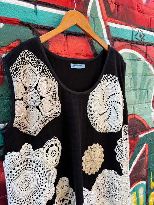 BLACK KNIT TUNIC WITH VINTAGE DOILIES- M/L