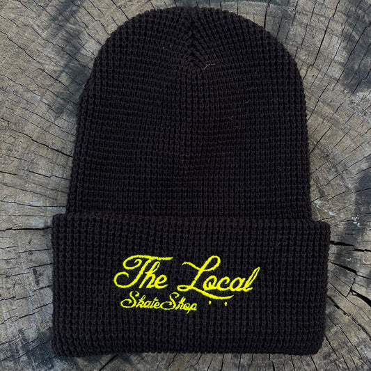 The Local - Beanie, Classic Script. Waffle Knit. Black