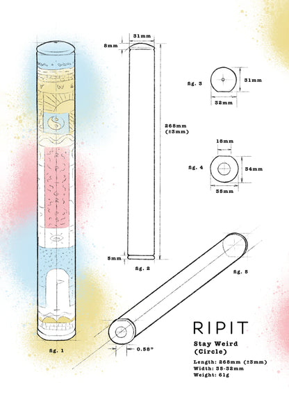 A technical product diagram of the RIPIT Stay Weird (Circle) novelty item, showing multiple labeled views with dimensions, including a full-length cylindrical illustration, cross-sections, and a diagonal perspective view on a white background with soft pastel watercolor splashes.