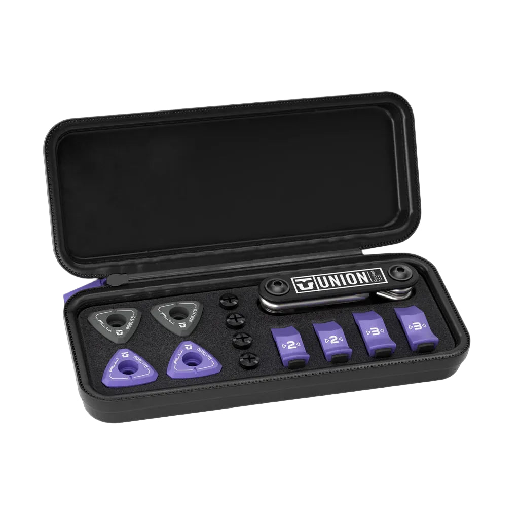 Tool kit with various components on a white background