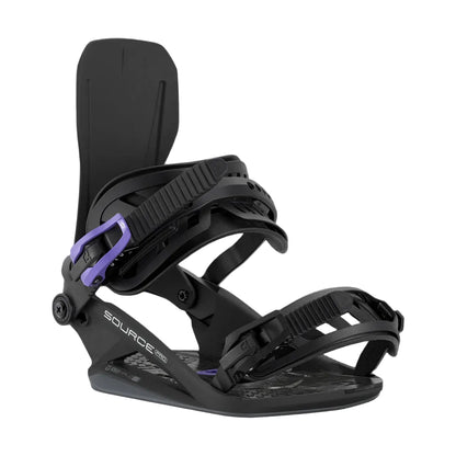 Black snowboard binding with purple buckle on a black background