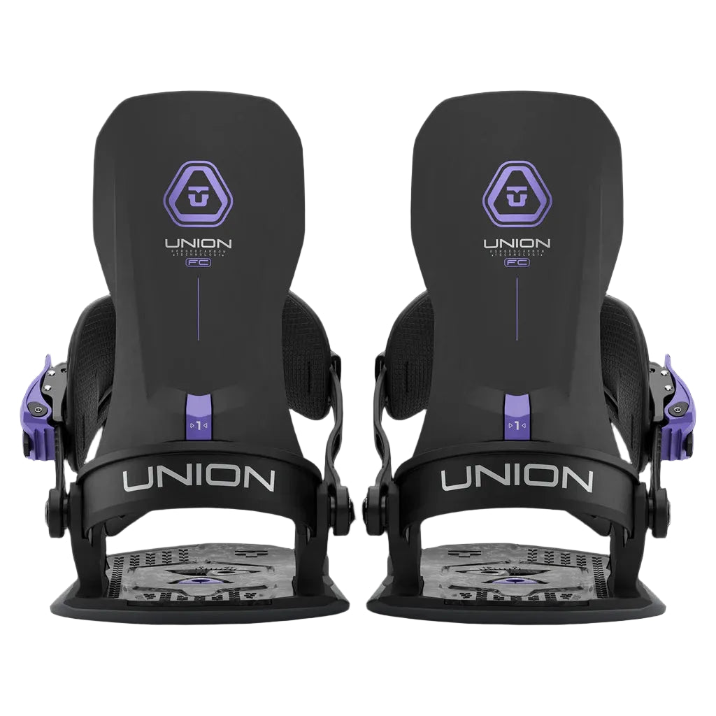 Pair of black Union snowboard bindings on a white background