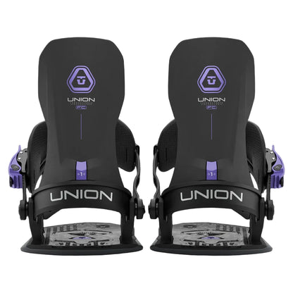 Pair of black Union snowboard bindings on a white background