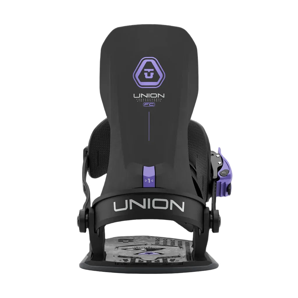 Black and purple Union snowboard binding on a white background